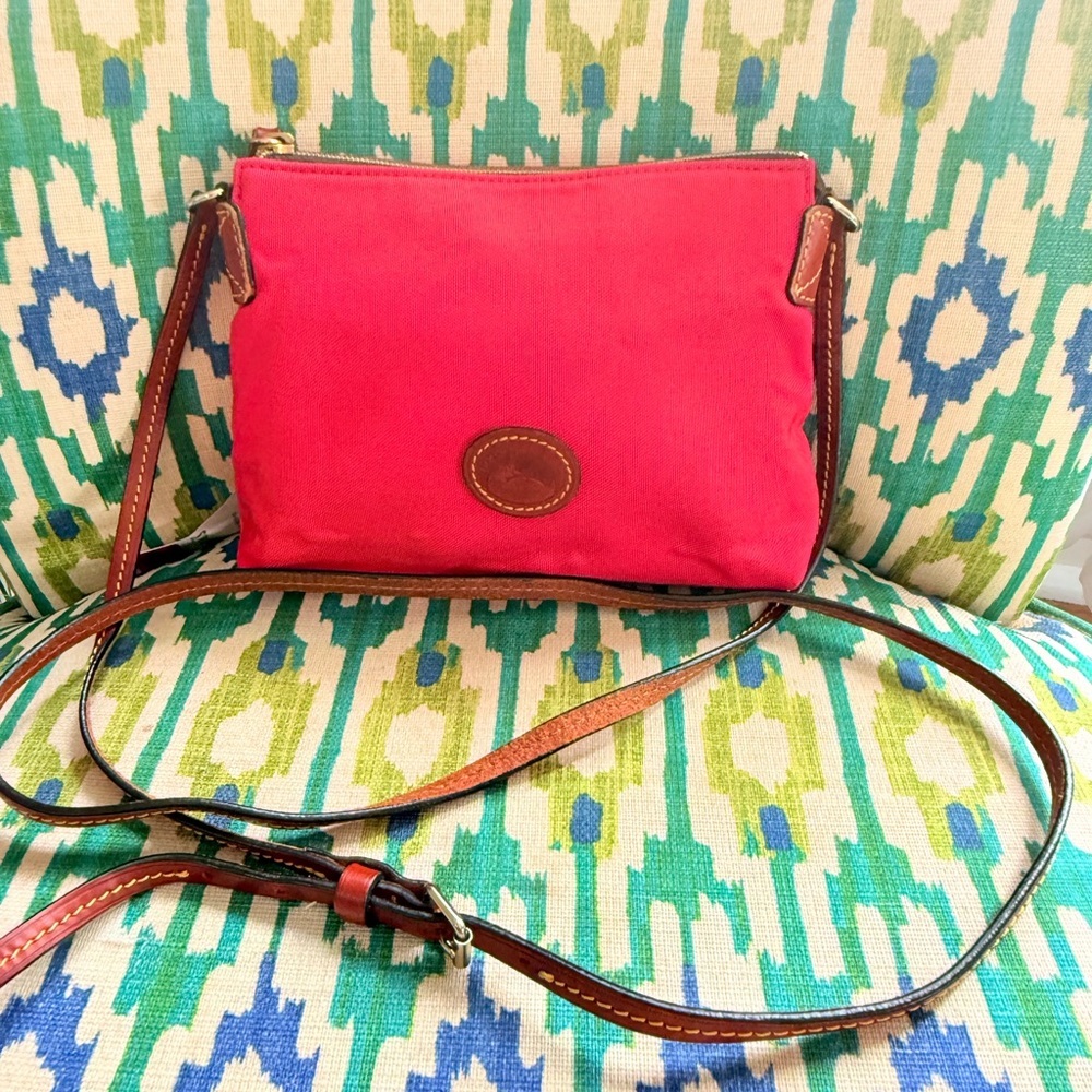 Dooney & Bourke Red Nylon Crossbody Pouchette Shoulder Bag Brown Leather Strap